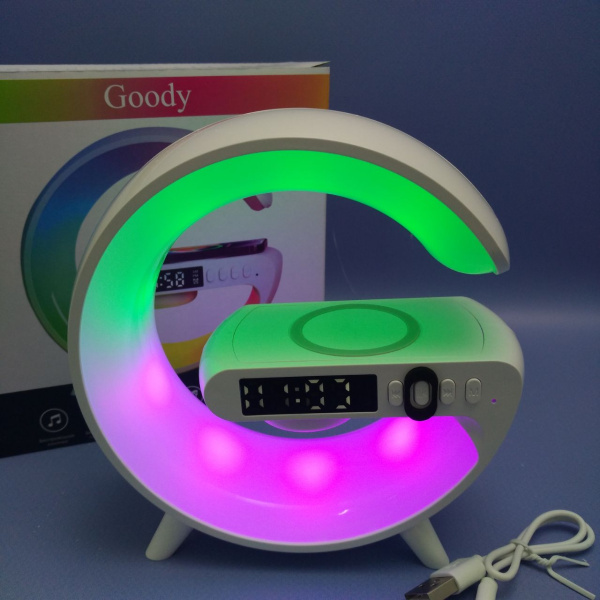 Блютуз - колонка - ночник с беспроводной зарядкой, часами и будильником Goody G63 / 4в1